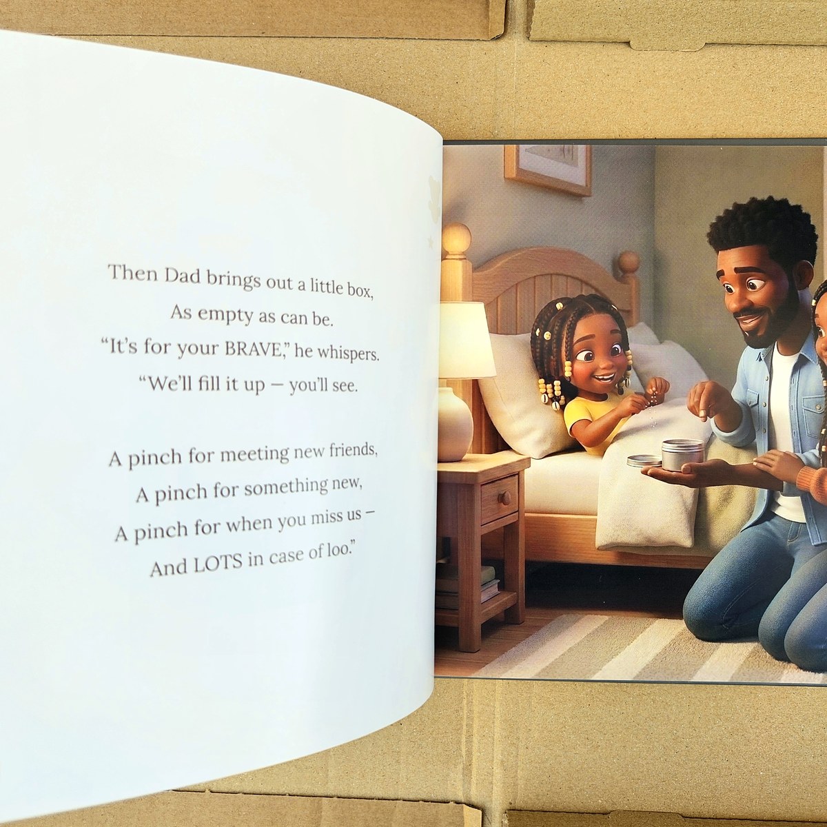 A real spread, open flat — Dad, Mum and the little tin of brave